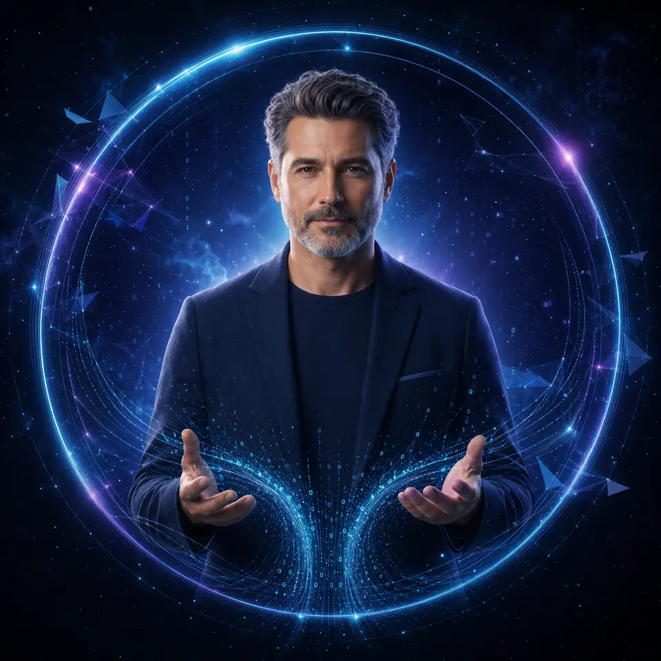 Présence numérique masculine dans un cercle cyan et violet, illustration artistique non représentative